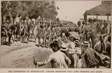 Die Kapitulation von Kroonstadt: Truppen marschieren an Lord Roberts und seinem Stab vorbei, nach einer Skizze von Melton Prior (1845-1910)